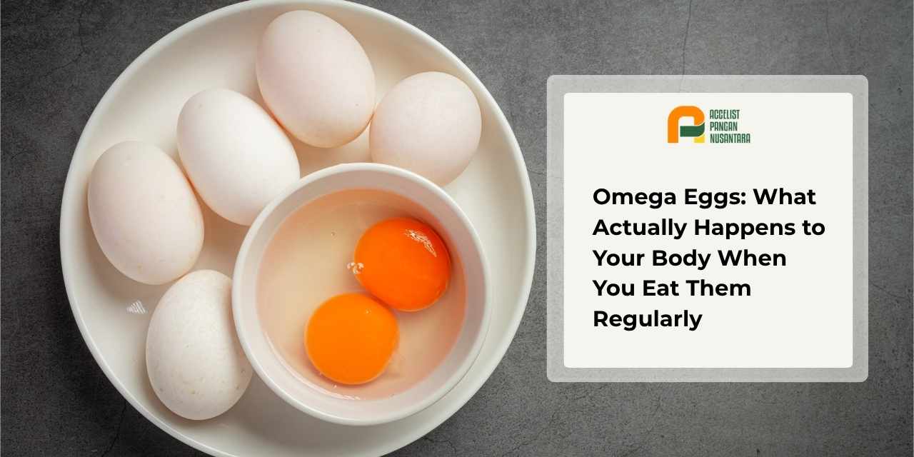 Several omega eggs arranged on a white plate, one cracked open to reveal a deep orange yolk characteristic of omega-3-rich eggs, alongside whole uncracked eggs