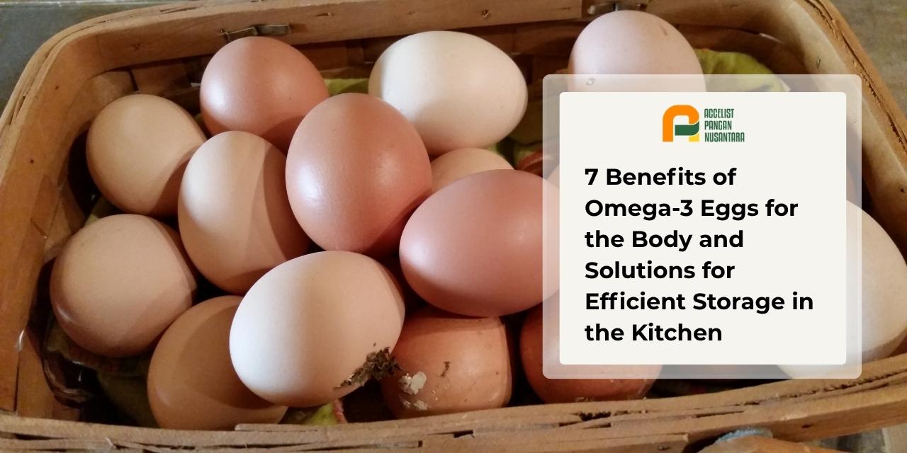 A row of omega-3 eggs with brown shells on a storage shelf.