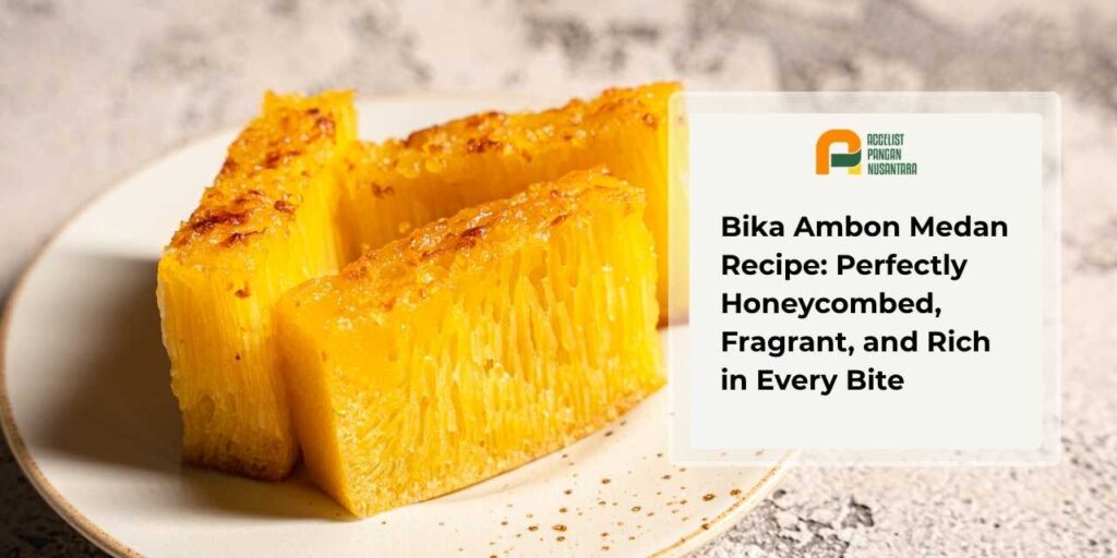 A slice of golden-yellow bika ambon with clearly visible air pockets
