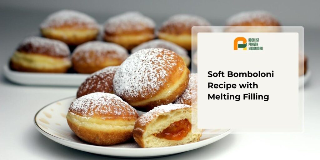 A stack of fluffy bomboloni doughnuts dusted with powdered sugar, with a generous melted chocolate cream filling oozing out on a serving plate