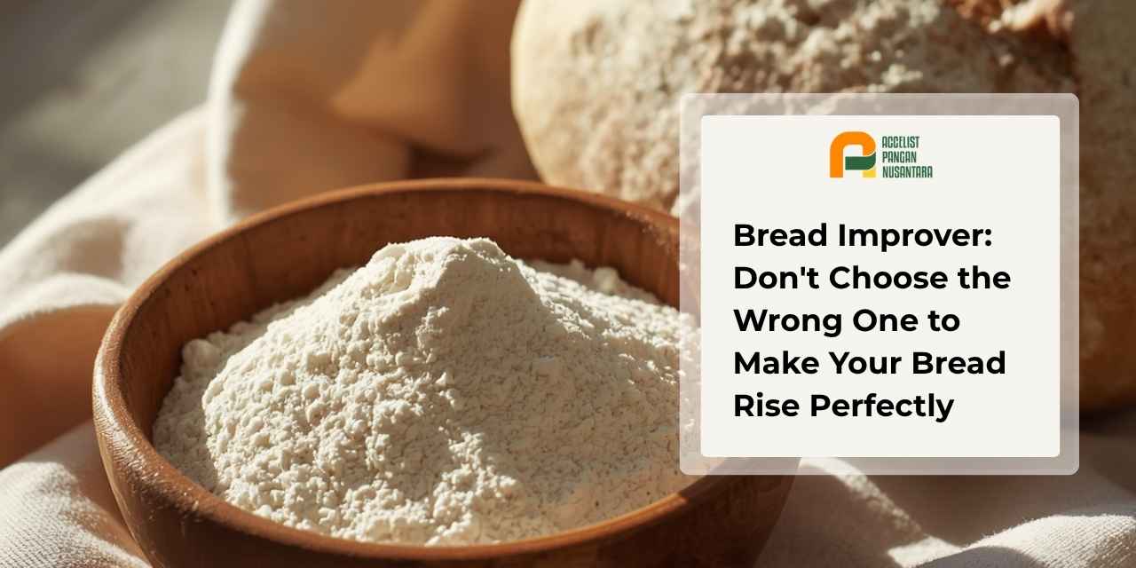 Bread improver powder in a wooden bowl next to perfectly risen white bread.