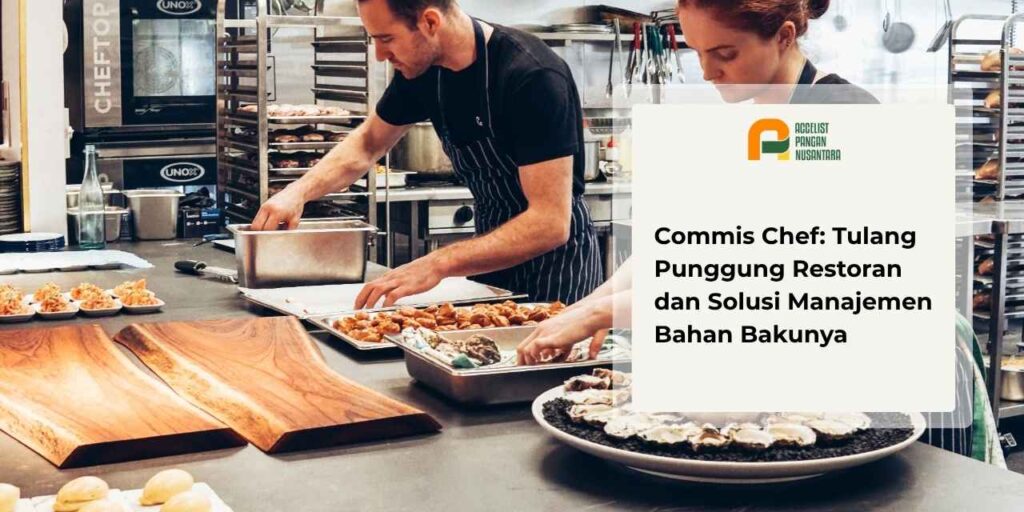 Commis Chef sedang menyiapkan takaran bumbu kering dan merebus kaldu dasar untuk membantu Chef de Partie di stasiun kerja dapur profesional