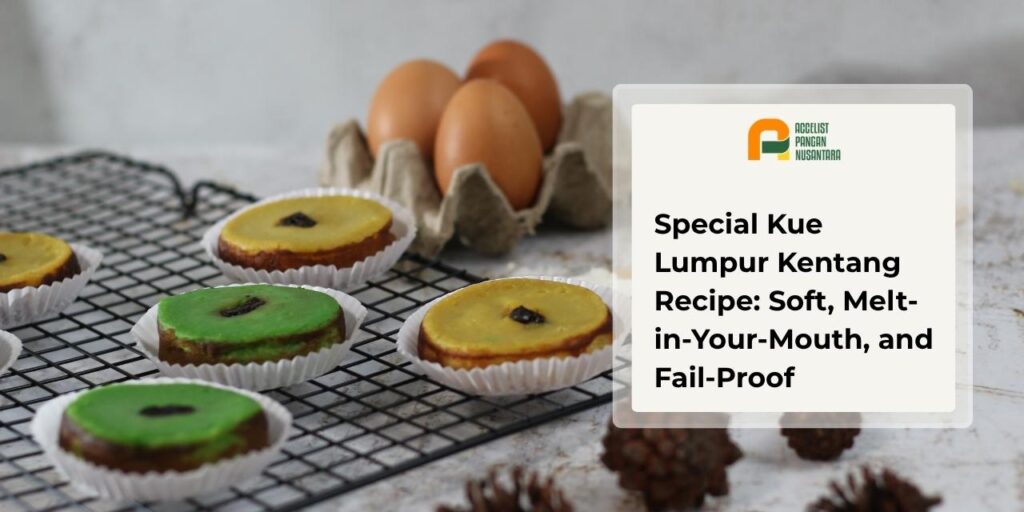 Freshly made kue lumpur kentang recipe served on a black cooling rack