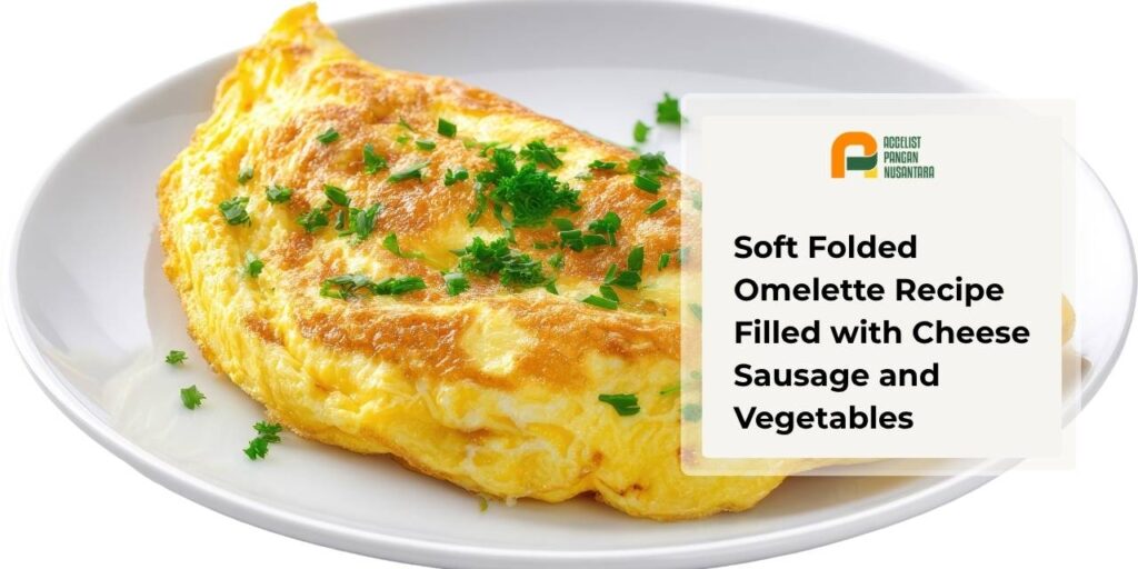 A thick and fluffy semicircular folded omelette filled with melted cheese, sliced ​​sausage and fresh spinach served on a breakfast plate.