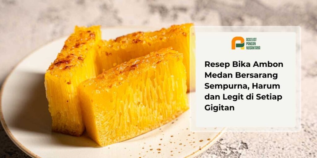 Potongan bika ambon kuning keemasan dengan rongga bersarang terlihat jelas