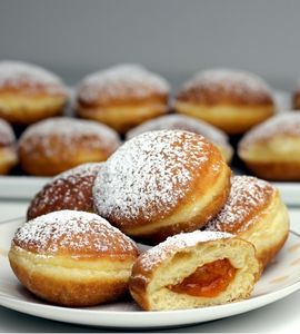 Proses menggoreng adonan bomboloni di dalam minyak panas hingga mengembang sempurna dan menghasilkan white ring di sekelilingnya.