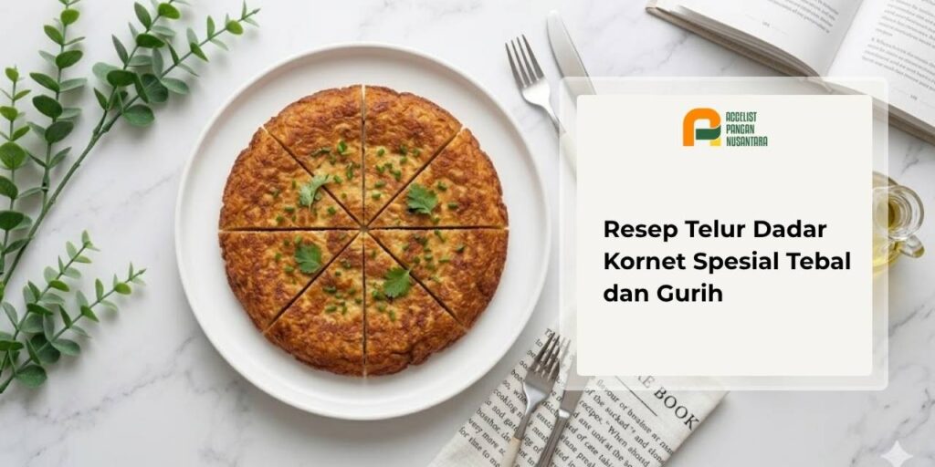 Telur dadar kornet yang tebal dan gurih, diiris rapi seperti potongan pizza dan dihidangkan di piring putih.