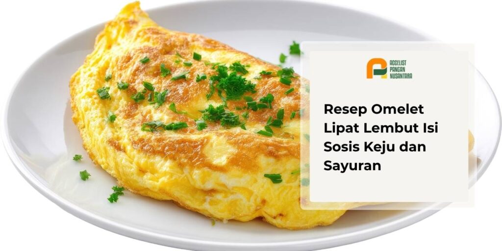 Omelet lipat setengah lingkaran yang tebal dan lembut, berisi lelehan keju, irisan sosis, dan bayam segar yang disajikan di piring sarapan.
