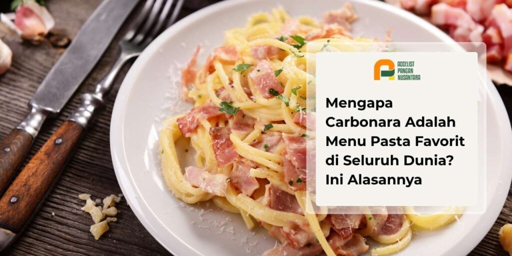 Sepiring pasta carbonara autentik khas Italia dengan taburan lada hitam kasar dan lelehan saus keemasan.
