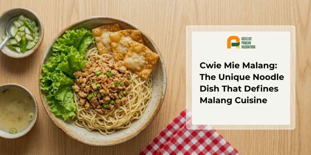 A bowl of Malang-style cwie mie topped with shredded white chicken, fried dumplings, and fresh green onions