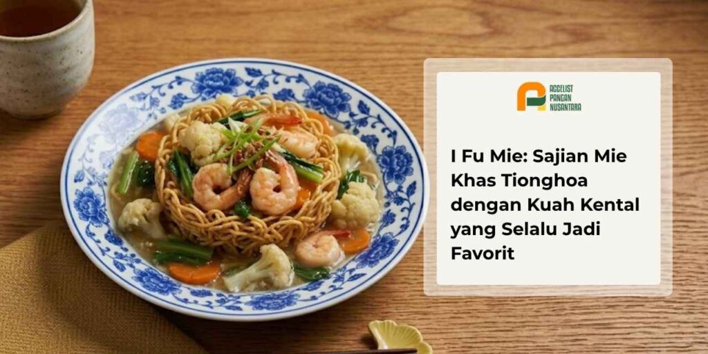 Sajian i fu mie kuah kental dengan mie telur goreng dan sayuran segar khas masakan Tionghoa