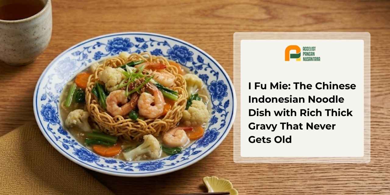 A dish of thick-broth i fu noodles with fried egg noodles and fresh vegetables, a classic Chinese dish