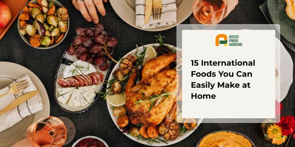 A collage of dishes such as spaghetti, tacos, and sushi as examples of international foods that are easy to make at home