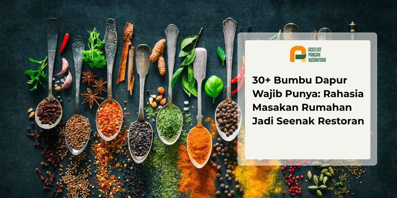 Kumpulan aneka bumbu dapur segar dan rempah bubuk yang disandingkan dengan wadah berisi tepung telur untuk kebutuhan bahan baku masakan.