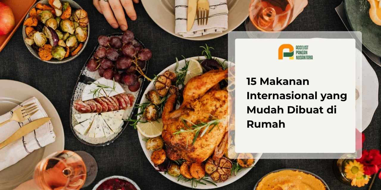 Kolase hidangan seperti spaghetti, taco, dan sushi sebagai contoh makanan internasional yang mudah dibuat di rumah