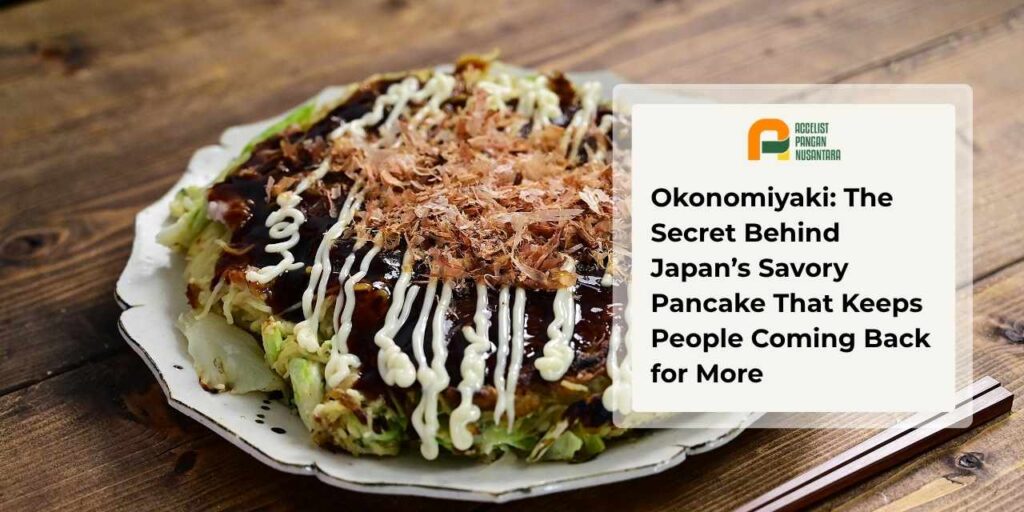A thick, piping-hot okonomiyaki served on a plate, drizzled with rich savory sauce, Japanese mayonnaise, and topped with dancing bonito flakes.