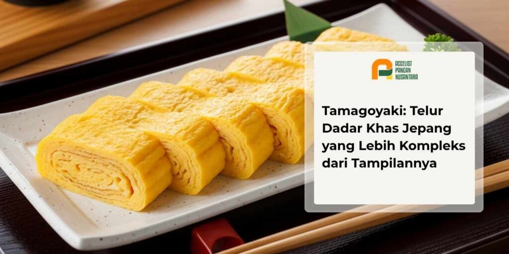 Tamagoyaki telur gulung Jepang yang dipotong rapi di atas piring putih