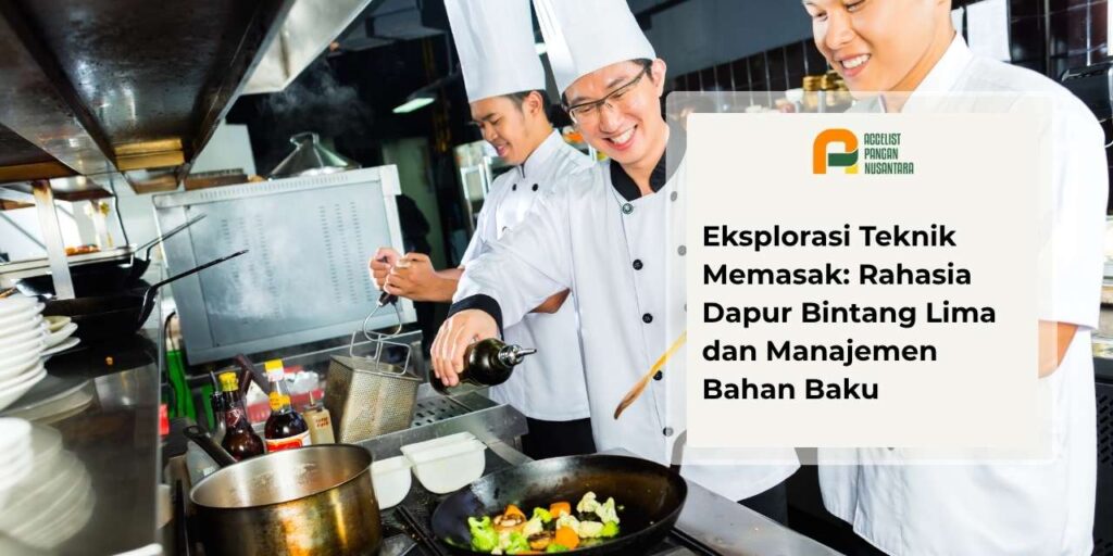 Chef profesional sedang mempraktikkan teknik memasak sautéing menggunakan wajan di atas kompor komersial.
