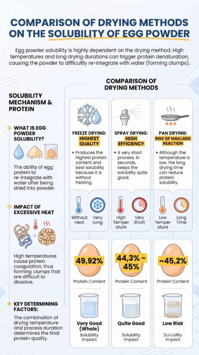 Infographic comparing egg powder drying methods, including freeze drying, spray drying, and pan drying, and their impact on protein content and solubility.