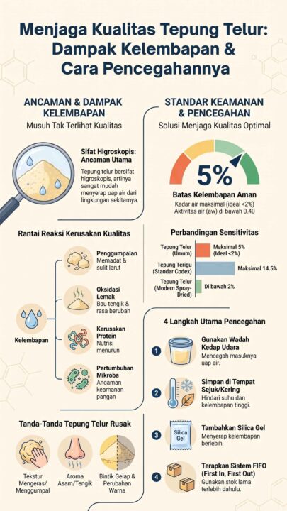 Infografis mengenai dampak kelembapan terhadap kualitas tepung telur, mencakup ancaman sifat higroskopis, rantai reaksi kerusakan, batas standar kelembapan aman, tanda-tanda tepung rusak, serta 4 langkah utama pencegahan.