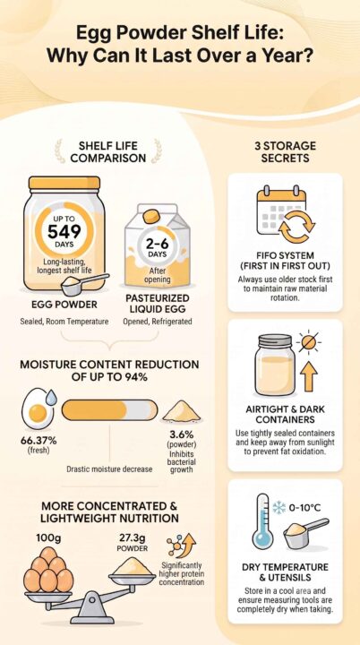 Infographic explaining why egg powder shelf life lasts up to 549 days, nutrition comparison, and proper storage methods.