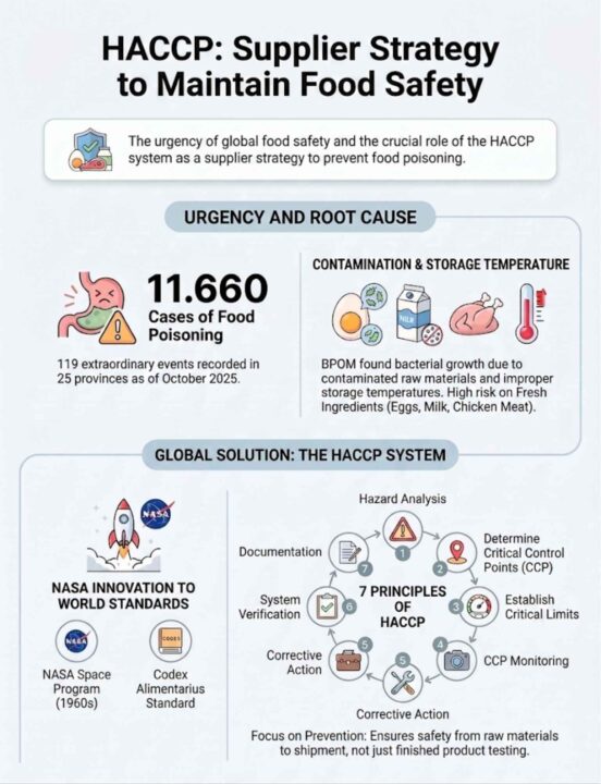 Infographic titled HACCP: Supplier Strategy to Maintain Food Safety, displaying statistics of 11,660 food poisoning cases, causes of contamination in fresh ingredients, and the 7 main principles of the HACCP system as a global food safety solution.