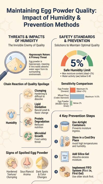 Infographic detailing the impact of humidity on egg powder quality, covering hygroscopic threats, spoilage chain reactions, safe humidity limits, signs of spoiled powder, and 4 key prevention steps.