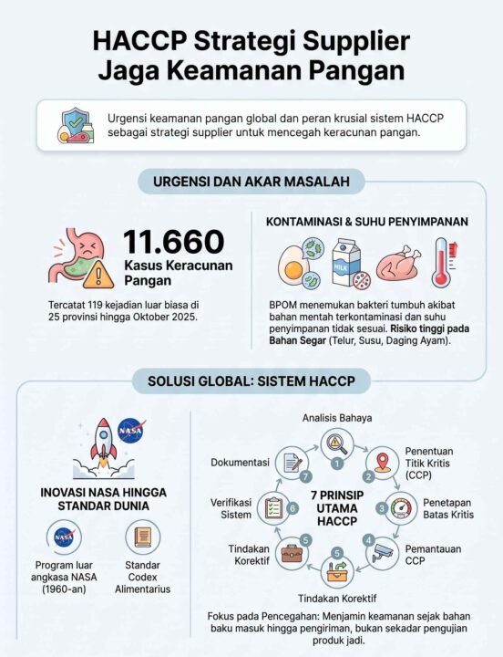 Infografis berjudul HACCP Strategi Supplier Jaga Keamanan Pangan, menampilkan statistik 11.660 kasus keracunan pangan, penyebab kontaminasi pada bahan segar, serta 7 prinsip utama sistem HACCP sebagai solusi global keamanan pangan.