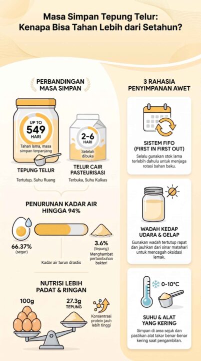 Infografis alasan masa simpan tepung telur tahan hingga 549 hari, perbandingan nutrisi, dan panduan cara penyimpanan yang tepat.