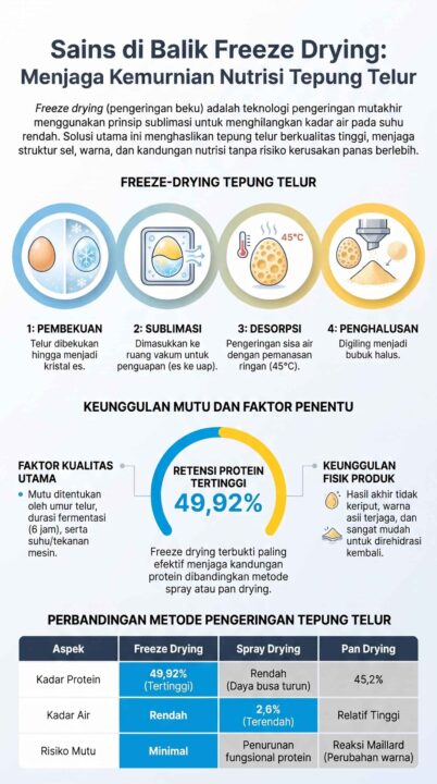 Infografis Freeze Drying Tepung Telur: Proses di balik mutu terjaga, menampilkan 4 tahapan pengeringan beku dan keunggulannya dalam mempertahankan kualitas protein.