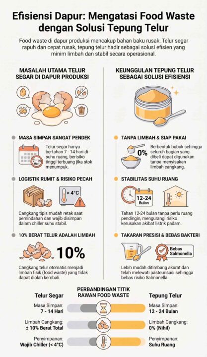 Infografis efisiensi dapur produksi: keunggulan tepung telur dibanding telur segar sebagai solusi mengatasi food waste.