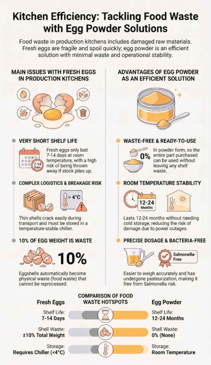 Production kitchen efficiency infographic: the advantages of egg powder over fresh eggs as a solution to reduce food waste.