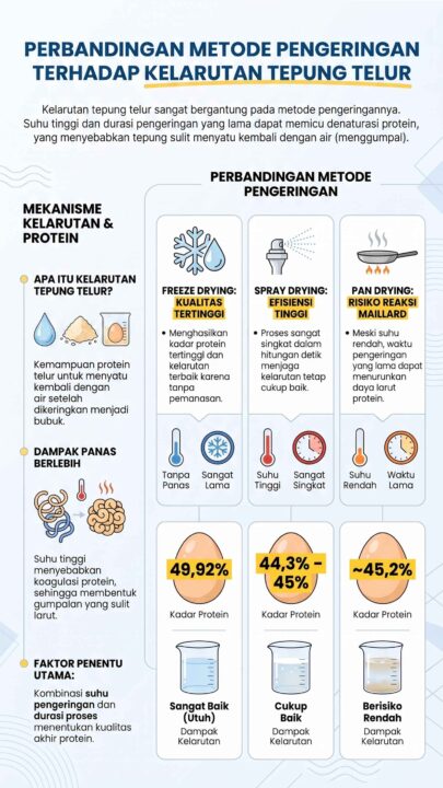 Infografis perbandingan metode pengeringan tepung telur, mencakup freeze drying, spray drying, dan pan drying, serta dampaknya terhadap kadar protein dan tingkat kelarutan.