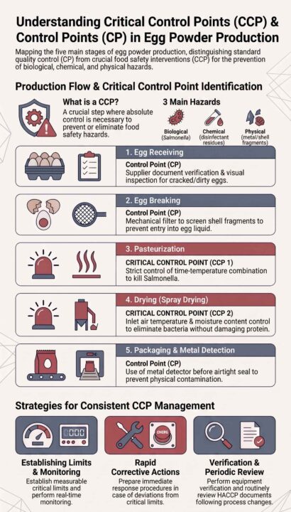 Infographic of egg powder production flow and the identification of Critical Control Points (CCP) and Control Points (CP).
