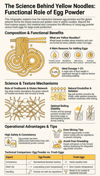 Infographic explaining the science and functional role of egg powder in yellow noodle texture, alongside a comparison with fresh eggs.