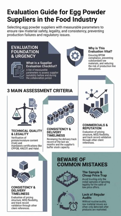 Infographic guide and evaluation checklist for egg powder suppliers in the food industry.