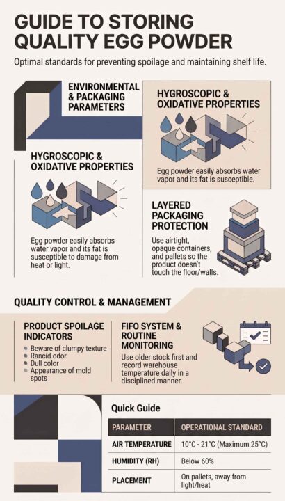 Infographic guide on optimal egg powder storage standards in a warehouse to maintain quality and prevent product spoilage.