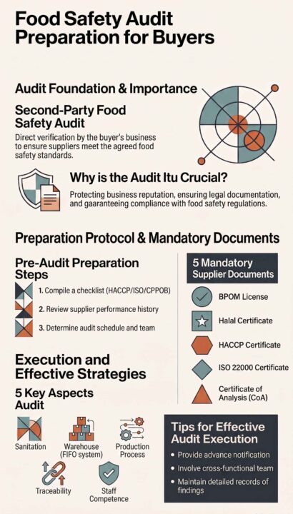 Infographic guide for food safety audit preparation, covering pre-audit steps, mandatory supplier documents, and effective execution strategies.