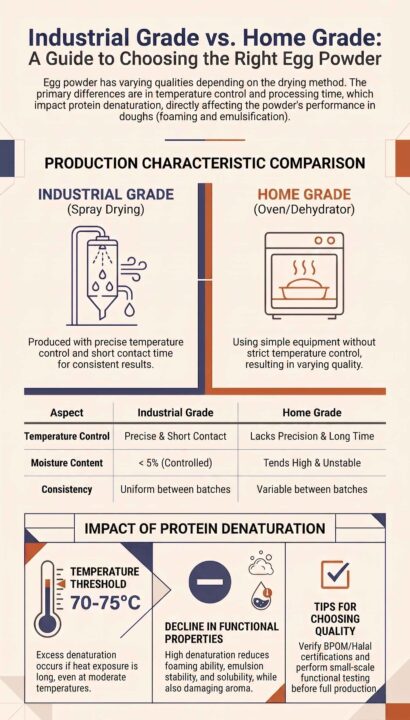 Infographic comparing the quality, production characteristics, and protein denaturation impact of industrial-grade versus home-grade egg powder.