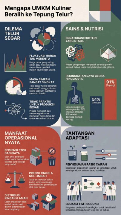 Infografis alasan UMKM kuliner beralih ke tepung telur, membandingkan efisiensi operasional, stabilitas nutrisi, dan biaya dibandingkan telur segar.