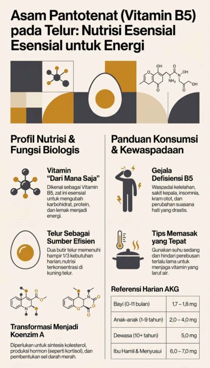 Infografis kandungan nutrisi, fungsi biologis, dan panduan konsumsi Asam Pantotenat (Vitamin B5) pada telur.