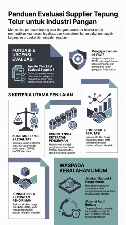 Infografis panduan dan checklist evaluasi supplier tepung telur untuk industri pangan.