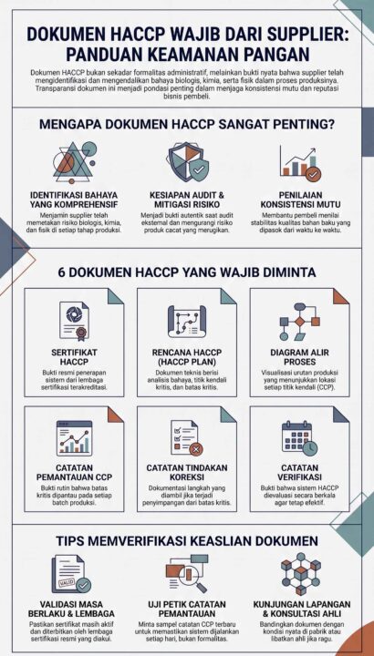 Infografis panduan 6 dokumen HACCP wajib dari supplier untuk keamanan pangan dan cara verifikasinya.