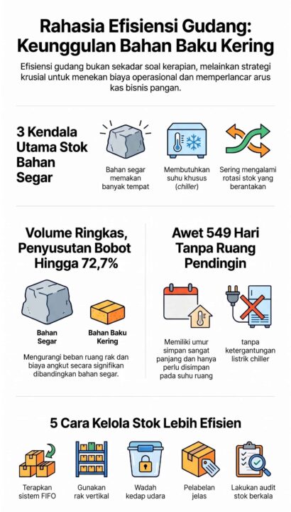 Infografis perbandingan keunggulan bahan baku kering melawan bahan segar untuk efisiensi ruang penyimpanan gudang pangan.