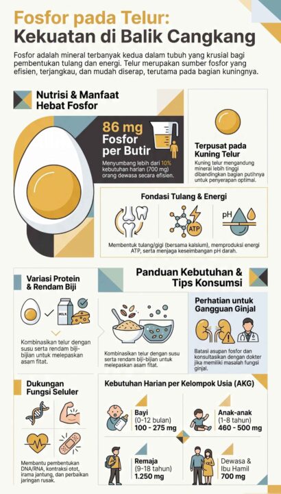 Infografis kandungan, fungsi, dan manfaat nutrisi fosfor pada telur.