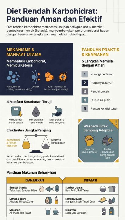 Infografis panduan diet rendah karbohidrat yang aman dan efektif, mencakup mekanisme, manfaat kesehatan, dan rekomendasi makanan sehari-hari.