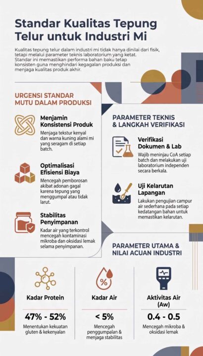 Infografis panduan standar kualitas tepung telur untuk industri mi, mencakup urgensi mutu produksi, langkah verifikasi teknis, dan nilai acuan parameter utama (protein, kadar air, Aw).