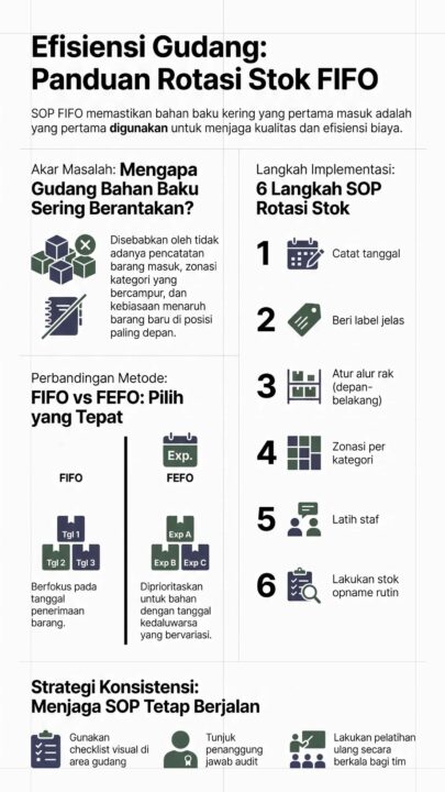 Infografis panduan 6 langkah SOP rotasi stok FIFO untuk efisiensi gudang bahan baku kering.