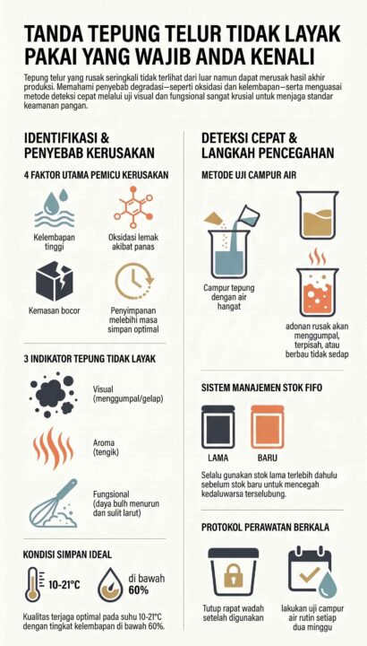 Infografis panduan mengenali tanda tepung telur tidak layak pakai, penyebab kerusakan, dan metode deteksi cepat.