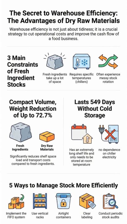 Infographic comparing the advantages of dry raw materials versus fresh ingredients for food warehouse storage efficiency.